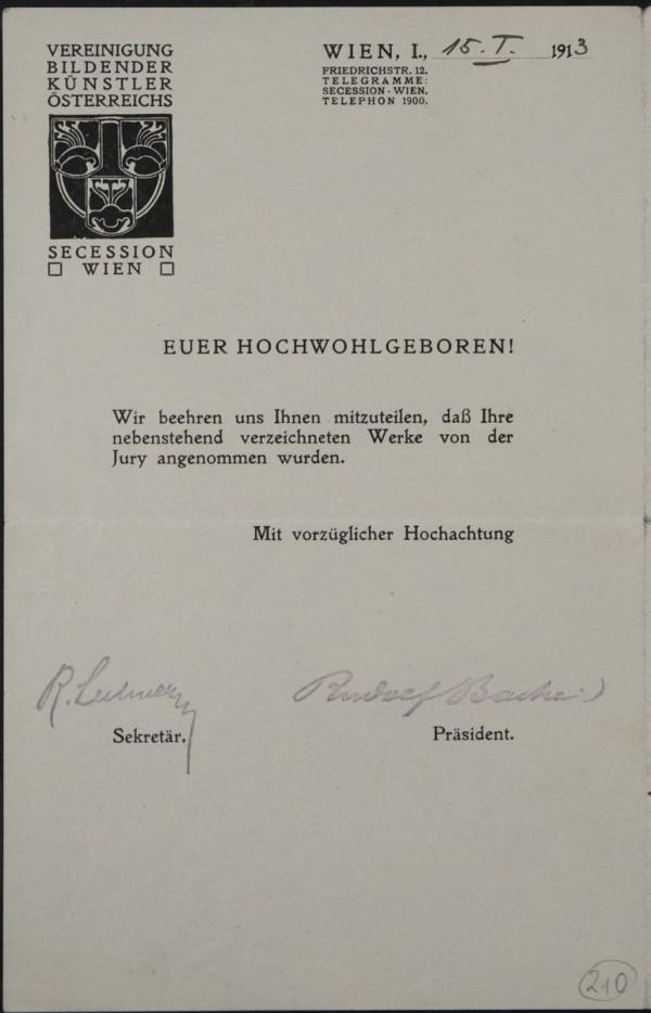 Typewritten letter from Rudolf Bacher/Vienna Secession to Egon Schiele 