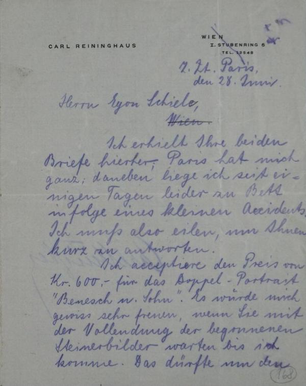 Letter from Carl Reininghaus to Egon Schiele 