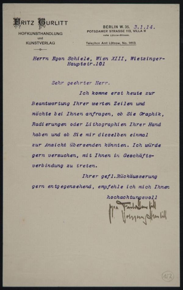 Maschinenschriftlicher Brief von Wolfgang Gurlitt an Egon Schiele 