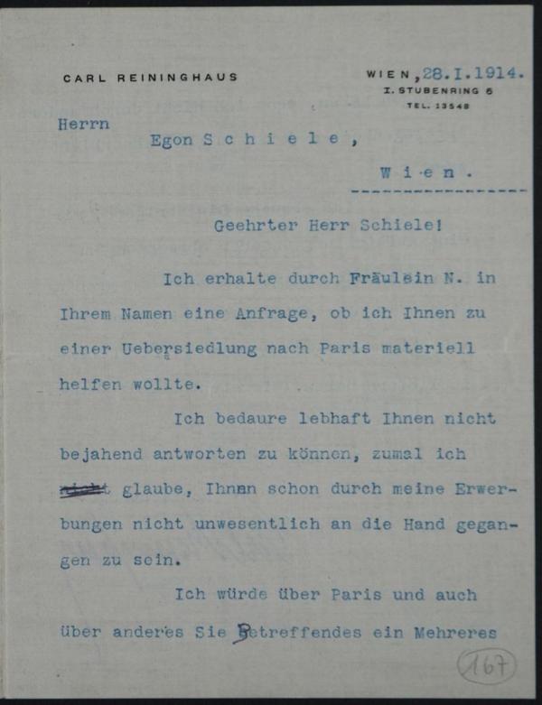 Maschinenschriftlicher Brief von Carl Reininghaus an Egon Schiele 