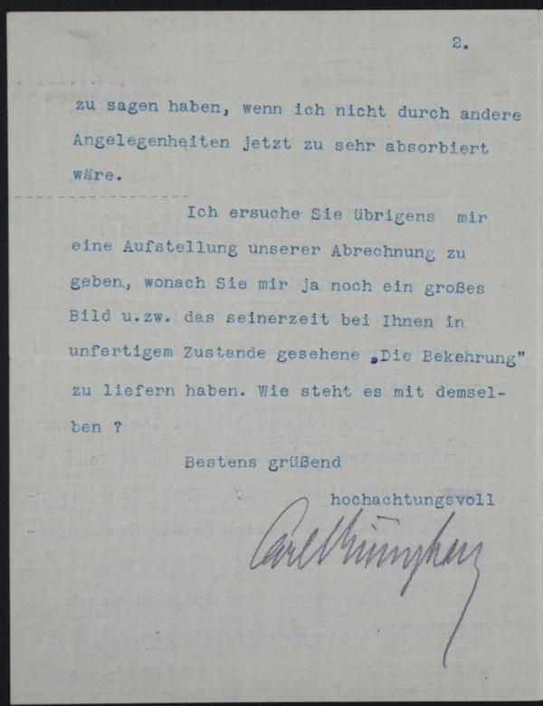Maschinenschriftlicher Brief von Carl Reininghaus an Egon Schiele Bild 2