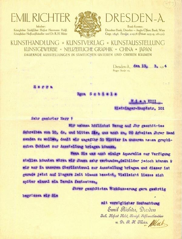 Brief der Kunsthandlung Emil Richter an Egon Schiele 