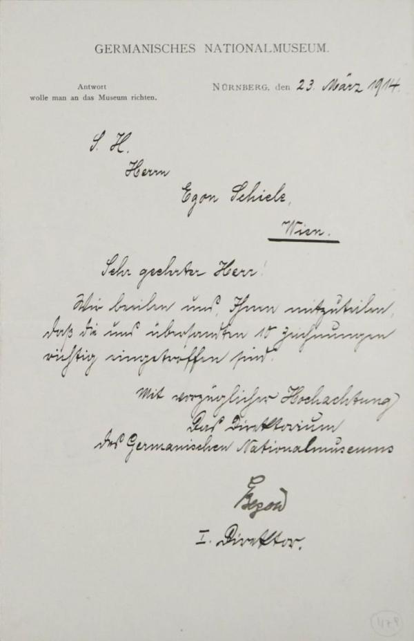Brief von Gustav von Bezold/Germanisches Nationalmuseum an Egon Schiele 
