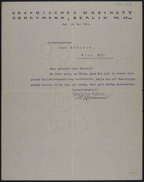 Typewritten letter from the Graphisches Kabinett Israel Ber Neumann, Berlin, to Egon Schiele