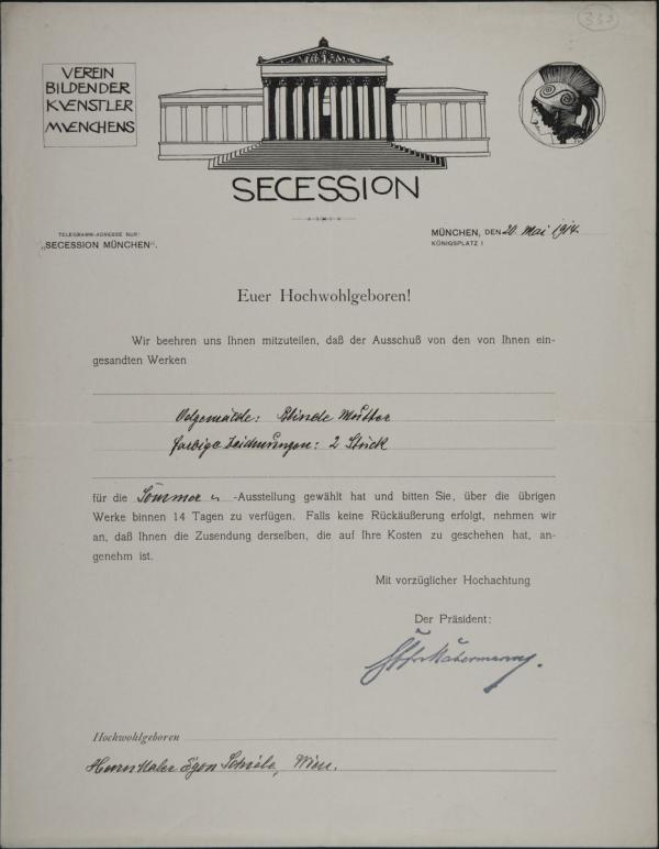 Letter from the Munich Secession to Egon Schiele 