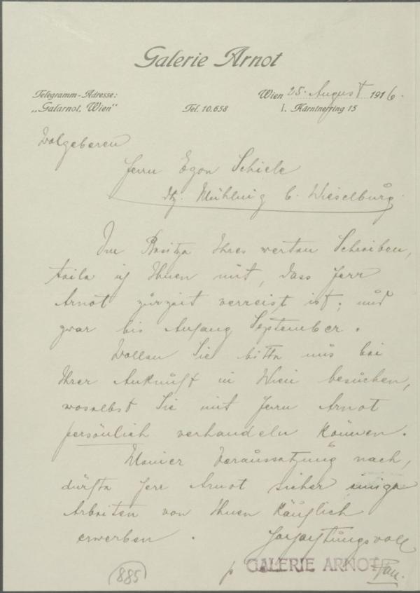 Brief von der Galerie Arnot an Egon Schiele 