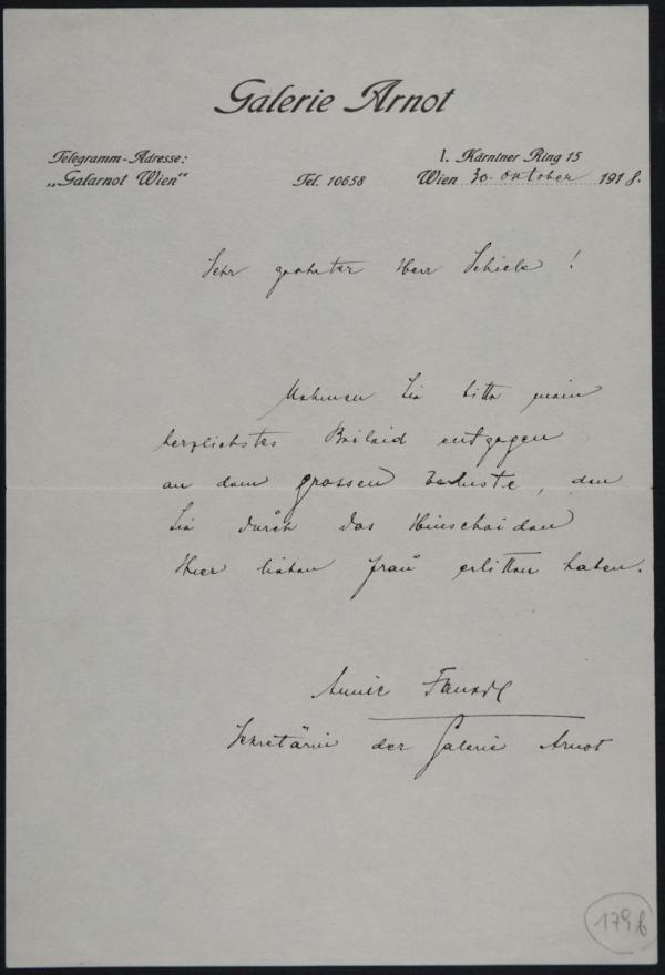 Letter of condolence from Annie Fanerl/secretary of Galerie Arnot to Egon Schiele on Edith Schiele’s death