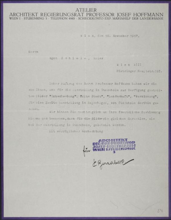 Maschinenschriftlicher Brief von Emil Gerzabek/Atelier Josef Hoffmann an Egon Schiele 