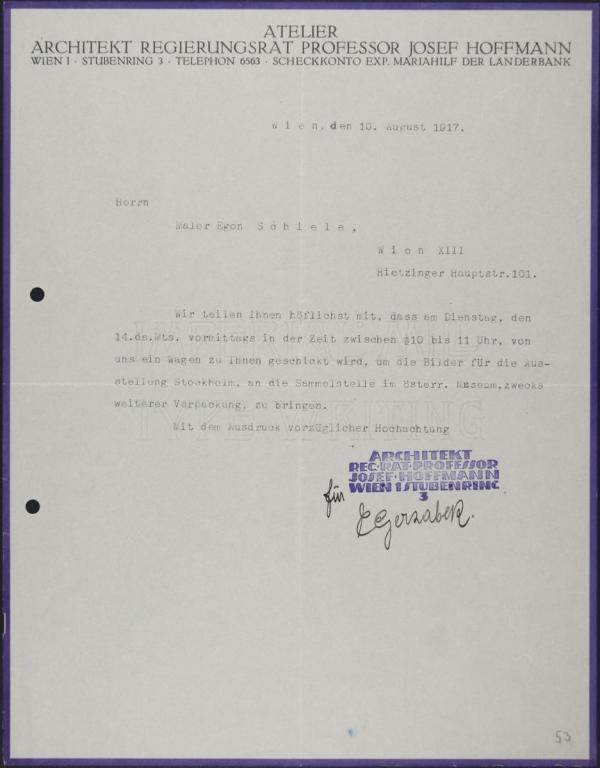 Typewritten letter from Emil Gerzabek/studio of Josef Hoffmann to Egon Schiele