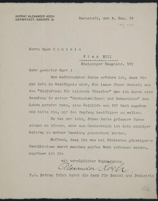 Maschinenschriftlicher Brief von Alexander Koch/Deutsche Kunst und Dekoration an Egon Schiele