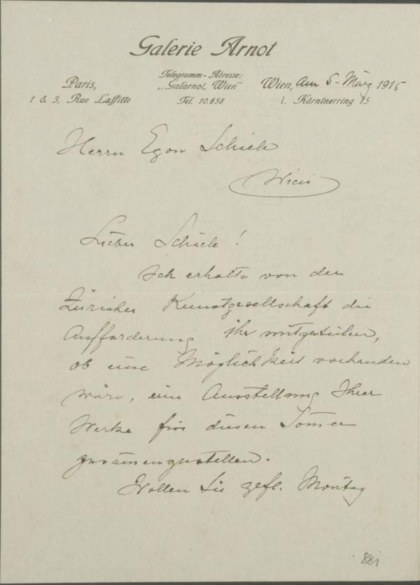 Letter from Guido Arnot to Egon Schiele 
