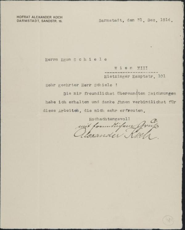 Maschinenschriftlicher Brief von Alexander Koch/Deutsche Kunst und Dekoration an Egon Schiele