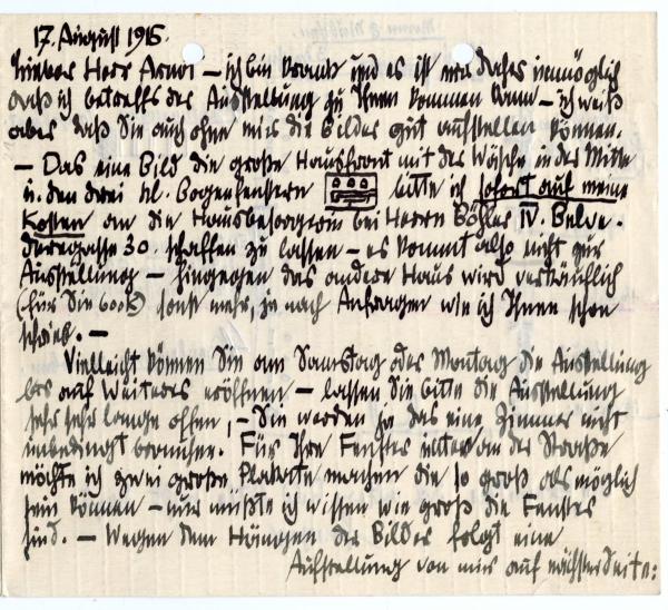 Brief von Egon Schiele an Guido Arnot mit einem Hängeplan für die Ausstellung 