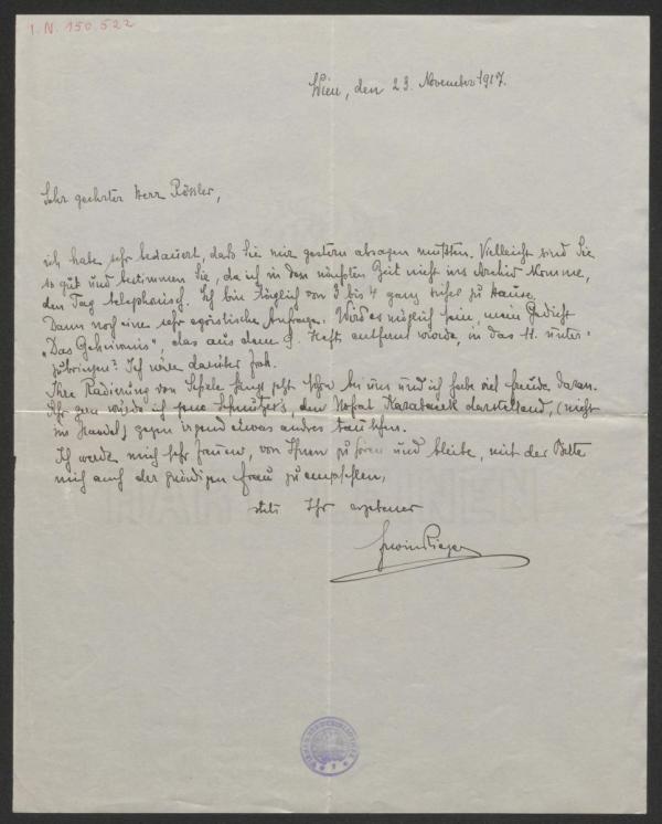 Letter from Erwin Rieger to Arthur Roessler