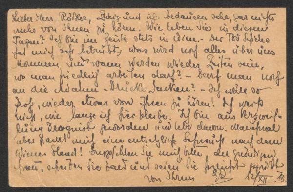 Postkarte von Erwin Rieger an Arthur Roessler