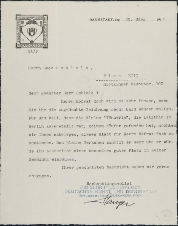 Typewritten letter on behalf of Alexander Koch/Deutsche Kunst und Dekoration to Egon Schiele Bild 1