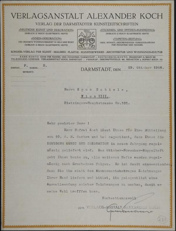 Maschinenschriftlicher Brief von der Verlagsanstalt Alexander Koch an Egon Schiele Bild 1