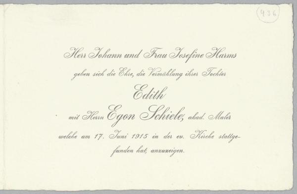 Vermählungsanzeige von Edith Harms und Egon Schiele Bild 1