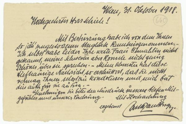 Letter of condolence to Egon Schiele on Edith Schiele’s death 