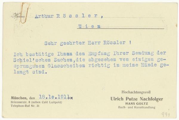 Typewritten postcard from Hans Goltz to Arthur Roessler 