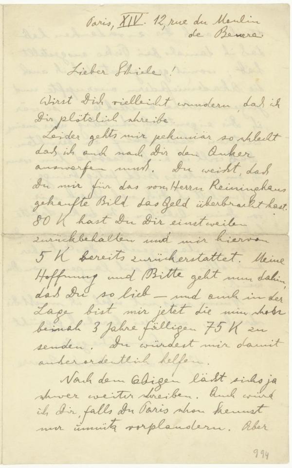 Letter from Franz Wiegele to Egon Schiele 