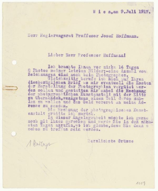 Durchschlag eines Briefes von Egon Schiele an Josef Hoffmann 