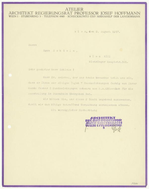 Brief vom Atelier Josef Hoffmann an Egon Schiele 