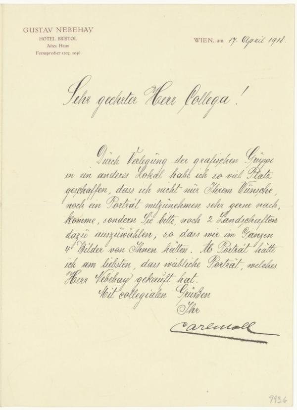Letter from Carl Moll to Egon Schiele 