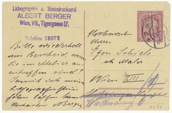 Postkarte von Albert Berger an Egon Schiele 