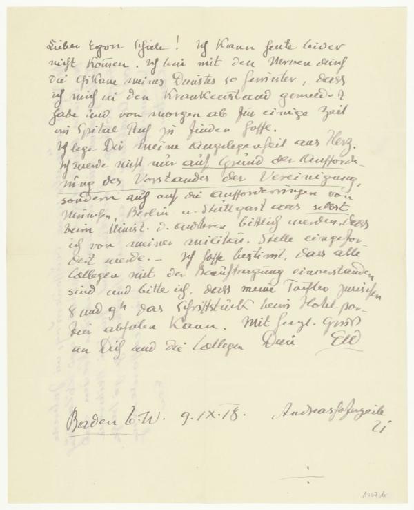 Brief von Ernst Wagner an Egon Schiele 