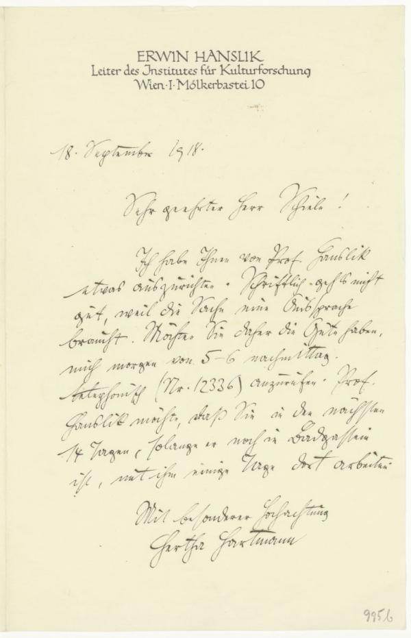 Brief der Sekretärin von Erwin Hanslik/Institut für Kulturforschung an Egon Schiele 
