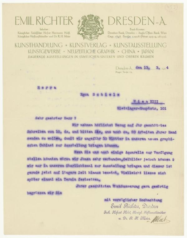 Letter from the art dealer’s Emil Richter to Egon Schiele 