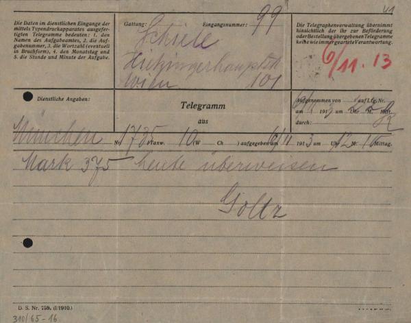 Telegramm von Hans Goltz an Egon Schiele 