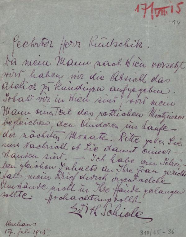 Letter from Edith Schiele to Moritz Otto Kuntschik 