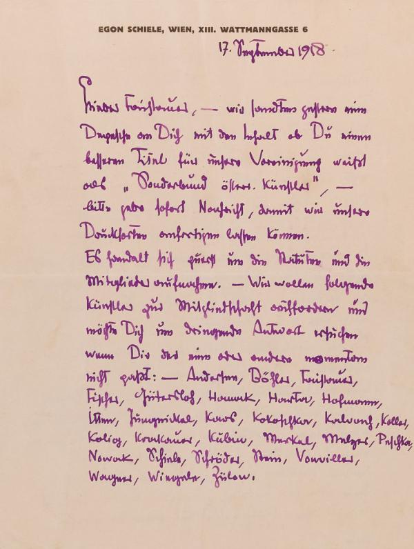 Letter from Egon Schiele to Anton Faistauer 