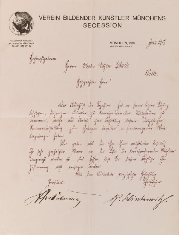 Brief der Münchener Secession an Egon Schiele 
