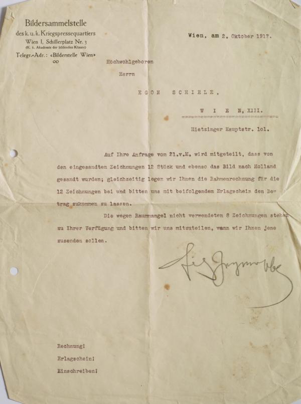Brief der Bildersammelstelle des k. u. k. Kriegspressequartiers an Egon Schiele Bild 1