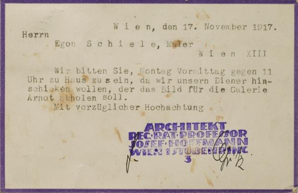 Postkarte von Josef Hoffmann an Egon Schiele 