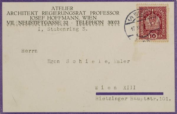 Postkarte von Josef Hoffmann an Egon Schiele Bild 2