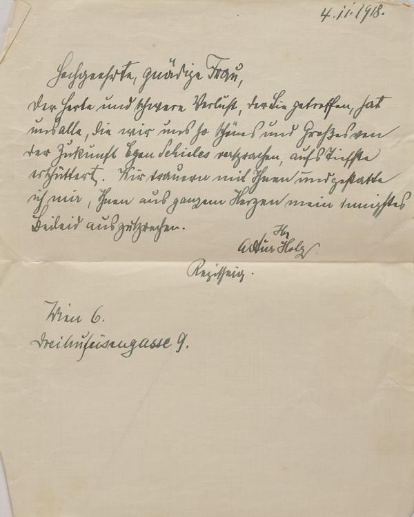 Letter of condolence from Artur Holz to Marie Schiele on Egon Schiele’s death 