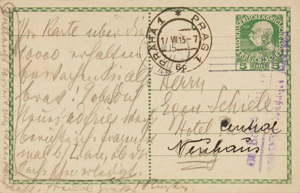 Postkarte von Carl Reininghaus an Egon Schiele 