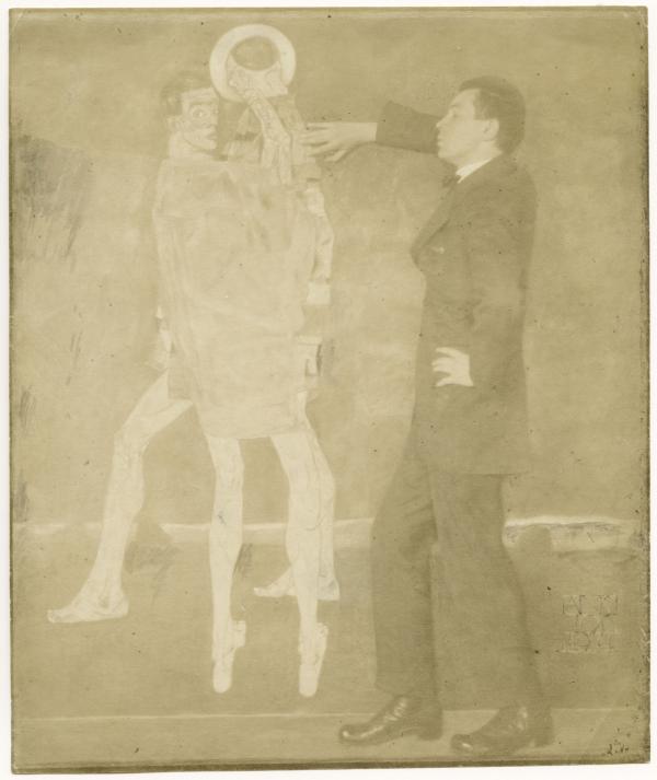 Egon Schiele vor seinem verschollenen Gemälde Begegnung (1913) 