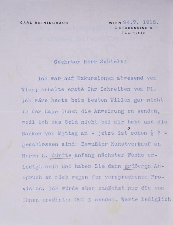 Letter from Carl Reininghaus to Egon Schiele 