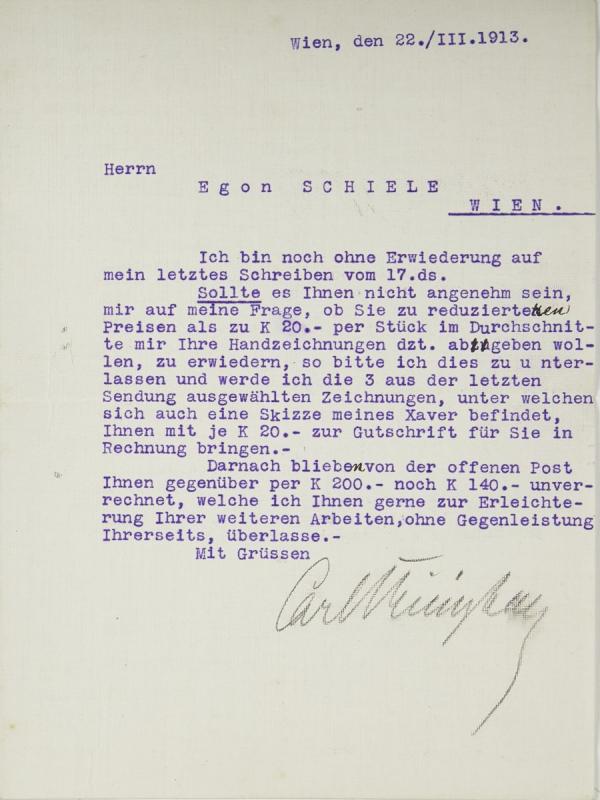 Brief von Carl Reininghaus an Egon Schiele 