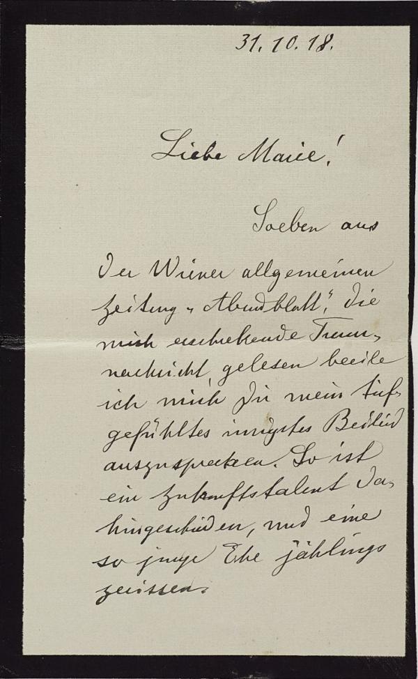 Kondolenzschreiben von Olga Kussy an Marie Schiele zum Tod von Egon Schiele Bild 1