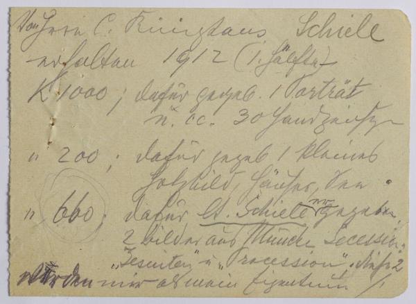 Abrechnung zwischen Egon Schiele und Carl Reininghaus 