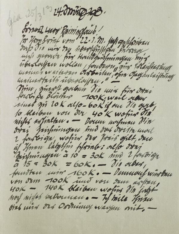 Brief von Egon Schiele an Carl Reininghaus 