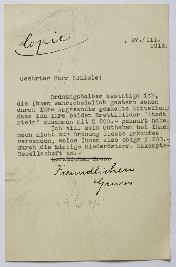 Kopie eines Briefes von Carl Reininghaus an Egon Schiele 
