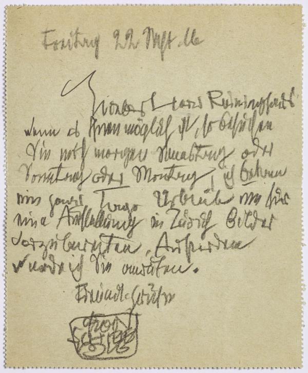 Brief von Egon Schiele an Carl Reininghaus 