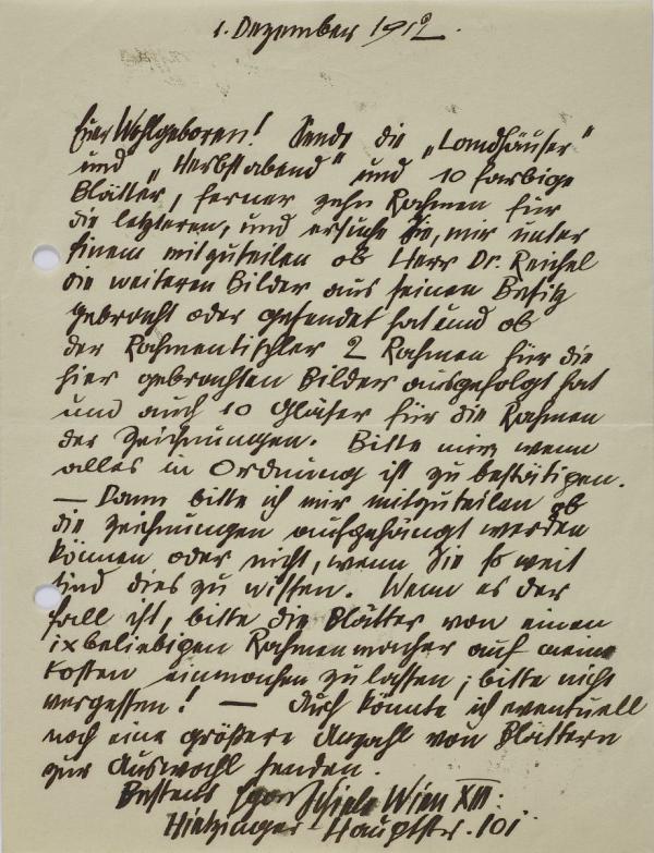 Letter from Egon Schiele to an unknown recipient 